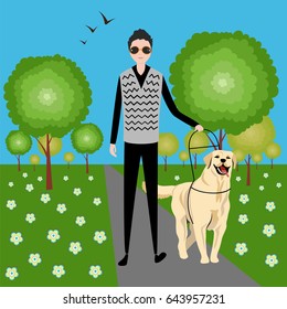 the dog guide and the blind man on a walk