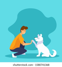 Perro y tipo dando cinco. Mejor concepto de amigos. Feliz hombre sonriente y divertido perro blanco jugando juntos. Ilustración plana vectorial en estilo caricatura.