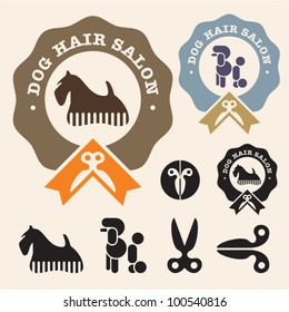 Dog hair salon. Poodle, Scottish Terrier vector icon set