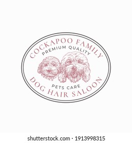 Dog Hair Saloon Frame Badge or Logo Template. Hand Drawn Cockapoo Breed Puppy and Adult Face Sketch with Retro Typography and Borders. Pets Care Premium Emblem. Isolated.