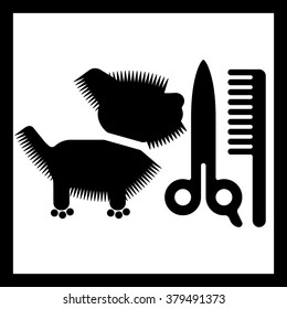 Dog hairdresser.
Symbolic image of a pet and tools for cosmetic hair clippers.