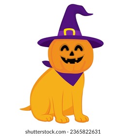 Dog in halloween costume vector illustration. Cute spooky doggie wearing orange pumpkin and witch hat cartoon design element. Trick or Treat character mascot celebration holiday