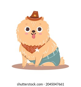 Dog in Halloween cowboy costume. Cute isolated baby spitz. Flat vector cartoon illustration