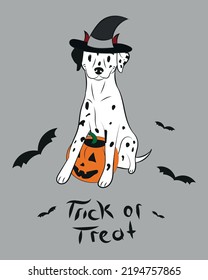 Dog Halloween greeting card with the dalmatian. Dog in costume, pumpkin in paw. Postcard for dog lovers.