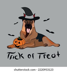 Tarjeta de saludo de Perro Halloween con un perro pastor alemán tenedor. Perro disfrazado, calabaza en una pata. Postal para los amantes de las mascotas. El personaje de la mascota es arte de postal. La bruja asusta.