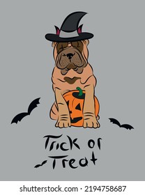 Dog Halloween greeting card with the Shar Pei. Dog in costume, pumpkin in paw. Postcard for dog lovers.