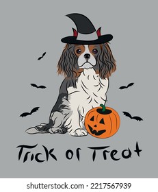 Dog Halloween Greeting Card With A Sitting Cavalier King Charles Spaniel Dog. Dog In A Costume, Pumpkin In A Paw. Postcard For Pet Lovers. Pet Character Postcard Art. Funny Dog Mascot. Witch Spooky.