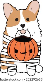 Perro de Halloween, perro de la momia, dibujo del perro de Corgi