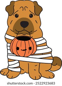 Perro de Halloween, perro de la momia, dibujo del perro de Shar Pei