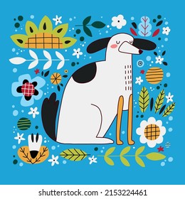 Dog hand drawn flat illustration isolated on blue floral background. Cute animal in color for childrens print. Flat style print for kids. Folf art, scandinavian style.