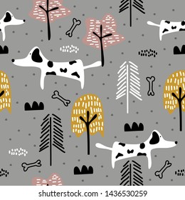 Dog hand drawn seamless pattern for kids fashion background. Scandinavian cute animal drawing for children.