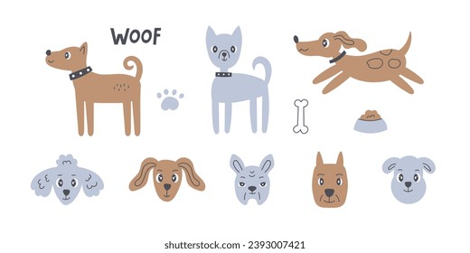 Dog hand drawn vector set. Puppy illustrations collection with various breeds, bone, feed, paw print in doodle style. Trendy minimal design