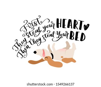 Dog hand written lettering. Brush lettering quote about the dog. Phrase about pet. Vector motivational saying with cute sleeping dog on white isolated background