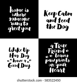 Dog hand written lettering collection. Brush lettering quotes about the dog. Phrase set about pet. Vector motivational saying with white ink on black isolated background.