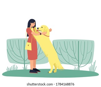 Dog handler hugs his golden Labrador dog. The woman is walking the dog. A strong friendship between a man and a dog. Flat vector illustration.