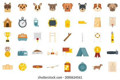 Dog handler icons set. Flat set of dog handler vector icons isolated on white background
