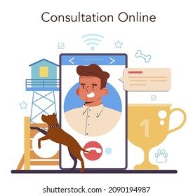Dog handler online service or platform. Training exercise for dogs. Specialist training a dog to be an assistance and rescuer. Online consultation. Vector illustration