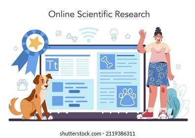 Dog handler online service or platform. Training exercise for dogs. Specialist training a dog to be an assistance and rescuer. Online research. Vector illustration