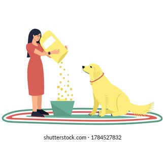 Dog handler pouring food to his beloved dog. The woman takes care of her pet. A strong friendship between a man and a dog. Flat vector illustration.