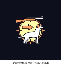 Dog handler RGB color icon for dark theme. Hunting with canine. Trained hunting dog. Hunt companion. Isolated vector illustration on night mode background. Simple filled line drawing on black