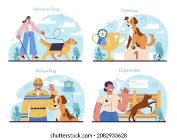 Dog handler set. Training exercise for social services dogs. Specialist training a dog to be an assistance and rescuer. Cute domestic pet helping people. Flat vector illustration