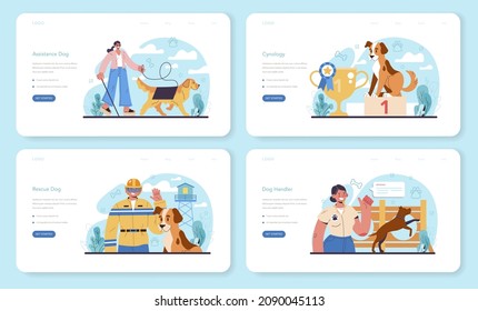 Dog handler web banner or landing page set. Training exercise for social services dogs. Specialist training a dog to be an assistance and rescuer. Cute domestic pet helping people. Vector illustration