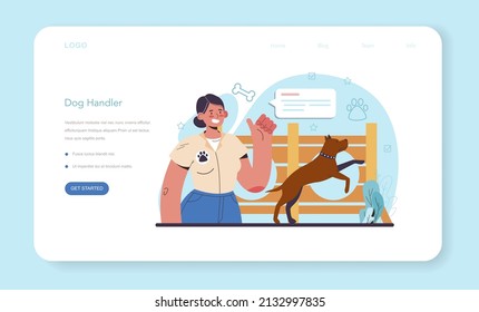 Dog handler web banner or landing page. Training exercise for social services dogs. Specialist training a dog to be an assistance and rescuer. Cute domestic pet helping people. Vector illustration