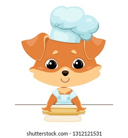 A dog with hanging ears in a chef's hat and apron is cooking at the kitchen table, the puppy chef rolls out the dough with a rolling pin. Color image of a pet. Vector illustration for design.