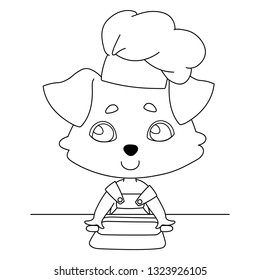 A dog with hanging ears in a chef's hat and apron is cooking at the kitchen table, the puppy chef rolls out the dough with a rolling pin. Linear, black and white image of a pet. Vector illustration.