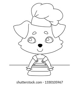 A dog with hanging ears in a chef's hat and apron is cooking at the kitchen table, the puppy chef rolls out the dough with a rolling pin. Linear, black and white. Vector illustration for coloring book