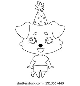 Dog with hanging ears in a festive cap and summer clothes is standing and laughing. Coloring pages for kids. Linear, black and white image of a pet. Vector illustration for coloring book,  design.
