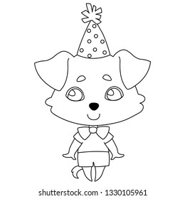 Dog with hanging ears in a festive cap and summer clothes is standing and smiling. Coloring pages for kids. Linear, black and white image of a pet. Vector illustration for coloring book, design.