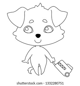 A dog with hanging ears rolls a suitcase for travel. Linear, black and white image of a pet. Vector illustration for coloring book, stencil, design, prints.