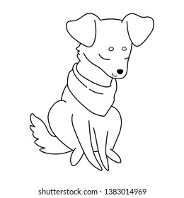 Dog with hanging ears in a scarf sits with eyes closed. Vector illustration for coloring book, stencil, design, prints.
