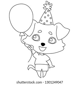A dog with hanging ears in summer clothes and in a festive cap holds a balloon in his hand, a smiling character. Linear, black and white image of a pet. Vector illustration for coloring book, stencil