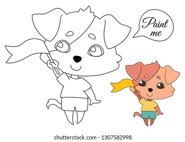 A dog with hanging ears in summer clothes holds a small flag in his hand. Coloring book pages for kids. Colorless and color samples. Cartoon vector illustration. Contour on a white background.