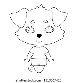 A dog with hanging ears in summer clothes - t-shirt and shorts, a smiling character. Linear, black and white image of a pet. Vector illustration for coloring book, stencil, design, prints.