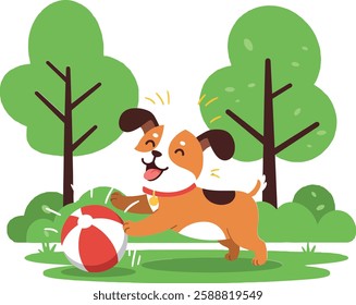 Dog happily chasing a ball in a playful scene