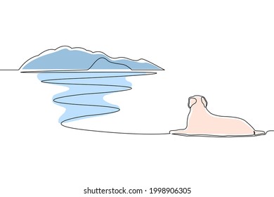 Dog happily lying on beach, one single continuous line on white background illustration vector.