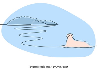 Dog happily lying on beach, one single continuous line on white background illustration vector.