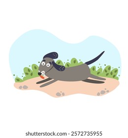 Dog happily runs on a walk. Vector illustration, simple cartoon style