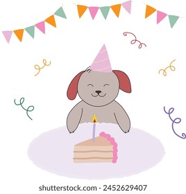 Dog Happy Birthday celebration template. Cute puppy with cake in cartoon style