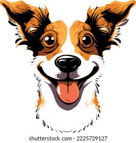 a dog with a happy face on a brown background with a black border around it and a red tongue.
