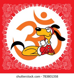 Dog for Happy New Year. Dog Chinese zodiac symbol year. Funny card. Ohm sign  on a red background. Vector illustration. 