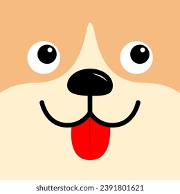 Dog happy square head face icon. Black nose, eyes. Red tongue out. Contour line. Cute kawaii funny animal. Cartoon puppy character. Love Greeting card. Flat design. Beige background. Vector