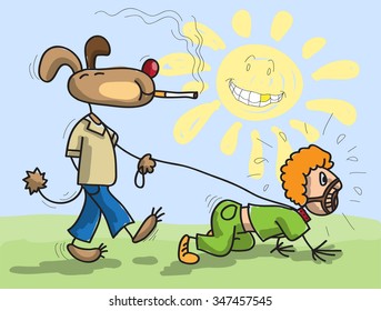 Dog has man on a lead, stylized children's drawing