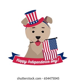 Dog in hat holding USA flag with mouth. 4th of July Independence day funny background. Vector flat illustration