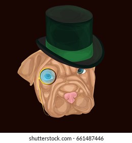 Dog in hat with monocle, vector illustration