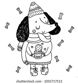 Dog in hat and scarf with cup of tea