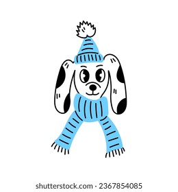 Dog in a hat and scarf doodle. Cute comic vector illustration of a dog wearing winter clothes.